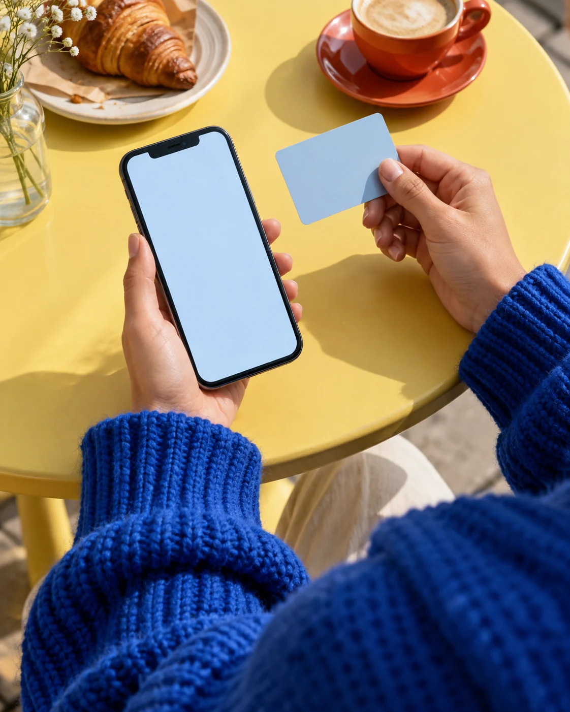 Eine Person im blauen Pullover hält ein Smartphone und eine unbeschriftete Karte.